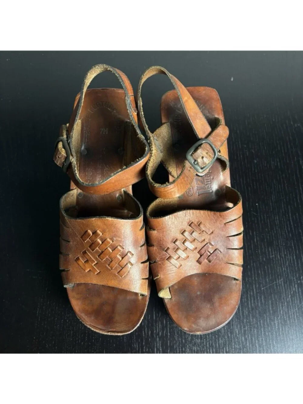 Vintage 70s MUSA Womens 7M Brown Leather Wood Platform Sandals 1970s Brazil
